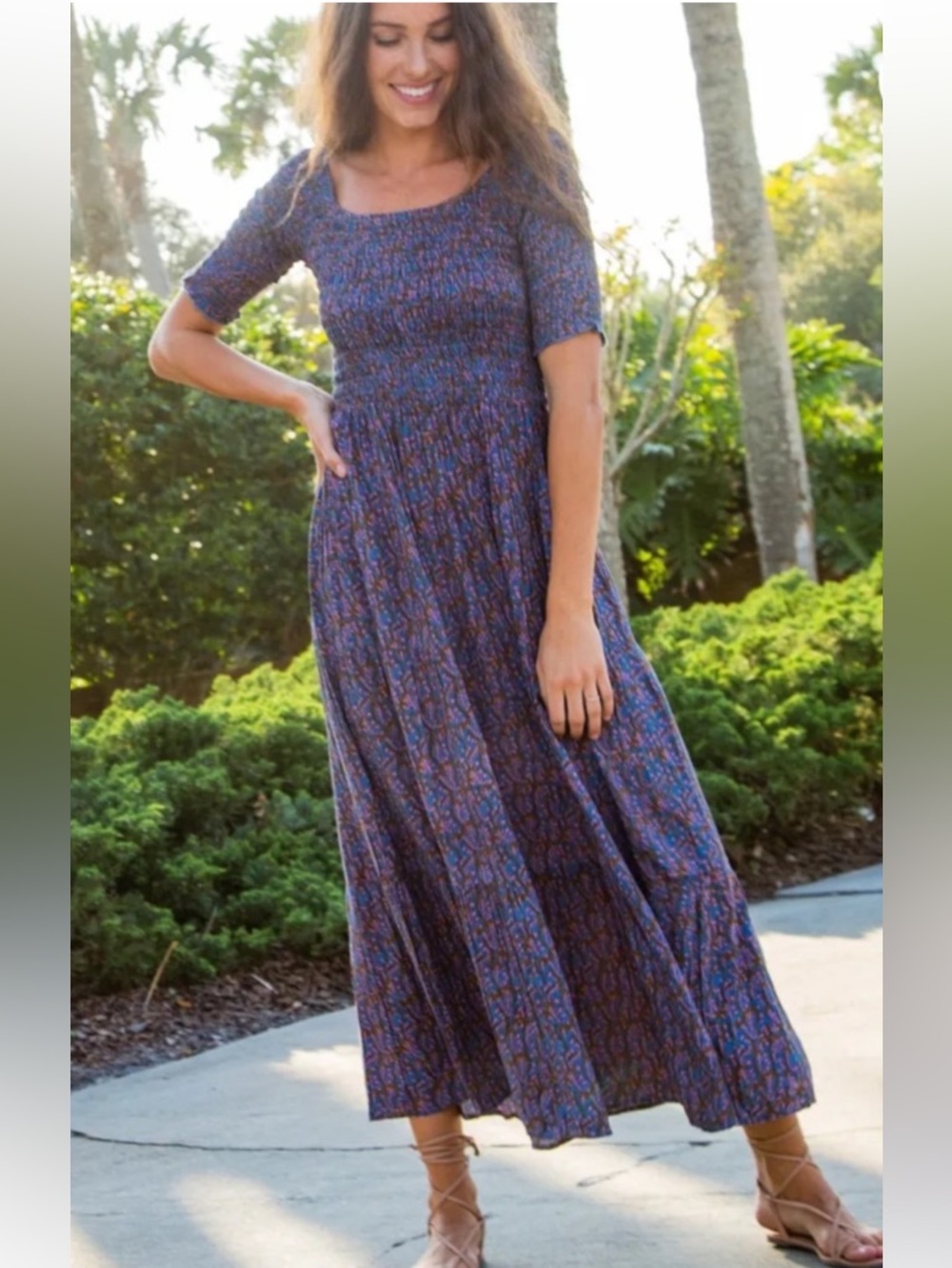 NATURAL LIFE Navy Blue Floral Smocked Maxi Dress